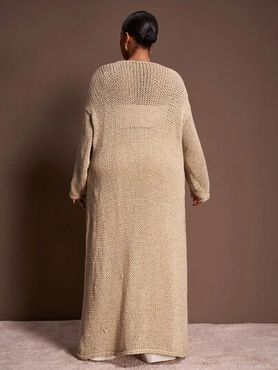 Veslaya Plus Size Women's Solid Color Drop Shoulder Long Sleeve Long Casual Knit Cardigan Plus Size Cardigan Long Cardigan Chunky Knit Cardigan Beige Cardigan Brown Cardigan In Fall/Winter