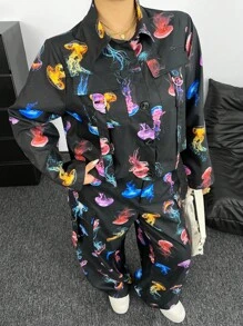 POPSWAY 2 piezas Mono de talla grande con estampado de medusa en la parte superior y los pantalones