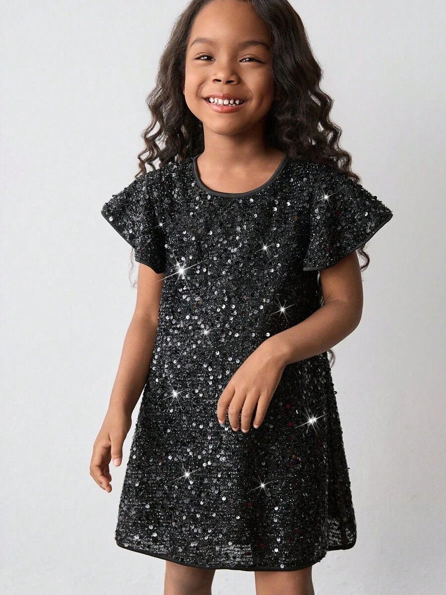 Maija Kids Maija Kids 少女圆领亮片荷叶边袖连衣裙 - 黑色 - 查看 1