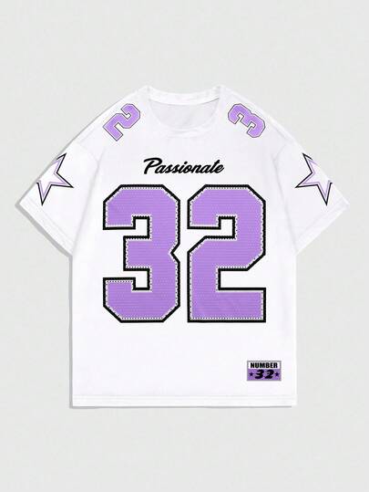 Street Life تي شيرت رجالي صيفي كاجوال بياقة مستديرة وأكمام قصيرة مطبوع عليه نجوم وأرقام