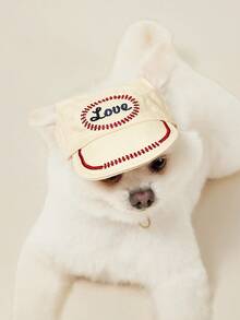 PETSIN 1 件装宠物猫狗通用休闲刺绣爱心棒球帽可爱露耳朵太阳帽狗狗帽子 - 米色 - 查看 2