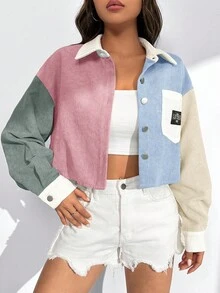 SHEIN EZwear 女式短款灯芯绒拼布单排扣休闲夹克 灯芯绒夹克 撞色夹克 秋冬女士街头服饰 - 彩色 - 查看 4
