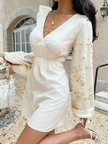 SHEIN Frenchy 女式 V 领收腰长袖系带休闲连体裤 - 杏色 - 查看 1