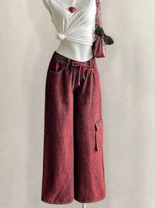 Attitoon Quần jeans ống rộng ống rộng giặt thường ngày dành cho nữ - Màu Đỏ Sâu - Xem 6