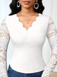 SHEIN Lady 2025 Neue elegante Pendler Weiß einfarbig Spitze Patchwork Slim Fit Langarm T-Shirt, Ausgehen Arbeit Herbst Top Elegante Damen Halloween Ausgehen Weihnachten