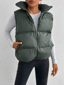 RueChic Zip Up Drawstring Puffer Vest Coat - Khaki - View 4
