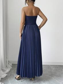 SHEIN Clasi Vestido de mujer de solapa elegante de una hilera con cintura ceñida y bolsillos, diseño minimalista, falda acampanada de talle alto, elástico, adecuado para el trabajo y el transporte, otoño/invierno - Azul Marino - Ver 3