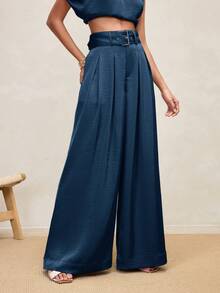 Arave Women's Elegant Satin Pleated Wide Leg Pants,Navy Blue Summer Office High-Waisted Solid Color Minimalist Long Pants For Fall Autumn Commuting - Blue - View 6