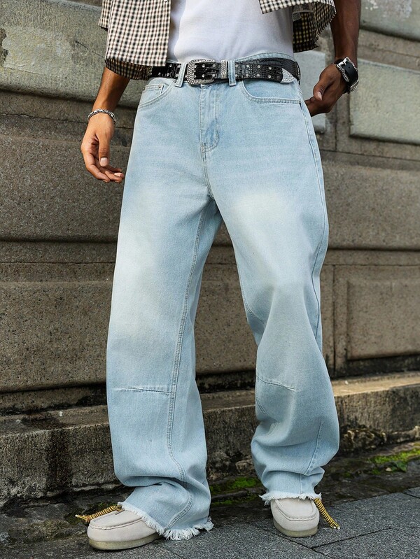 Manfinity Hypemode Casual Loose Fit Light Washed Blue Straight Leg Jeans With Frayed Hem, Spring/Summer Baggy Jeans Y2k Men Men Oversized Jeans Men Wide Leg Jeans