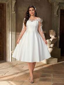 Aureia Plus Size Elegant Luxury White Off Shoulder Long Sleeve Sheer Applique Decor Satin & Mesh A-Line Wedding Dress, Bridal Gown - White - View 7