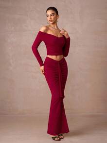 Lumalex Winter Fall 1pc Women's Open Shoulder Ruched Mesh Flare Sleeve Bodycon Two Pieces Set Outfit Two Piece Long Skirt Set Formal Luxury Prom Gathering Party Banquet Modest Old Money Glitter Holiday Party Rave Festival Outing Vacation Hot Outdoor Richly Layered Wedding Season Banquet ID Al-Adha Al-Adha Party New Year Looks Of Party Party Dress For Autumn - Redwood - View 5