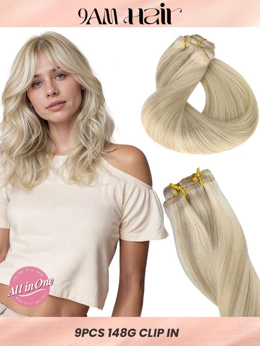 9 piezas de extensiones de cabello con clip recto 100% cabello humano real de 14-24 pulgadas 148G con doble trama, extensiones de cabello invisibles con clip, cabello humano Remy natural para uso diario de mujeres y niñas - S17A/60A - Ver 1