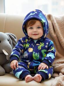 SHEIN Playful Pals 男婴可爱毛绒恐龙印花连帽拉链连体衣，适合春秋季户外休闲运动穿着 - 彩色 - 查看 1