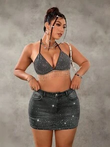 SHEIN ICON 大码紧身口袋水钻洗水牛仔蓝色迷你裙 - 深灰色 - 查看 4