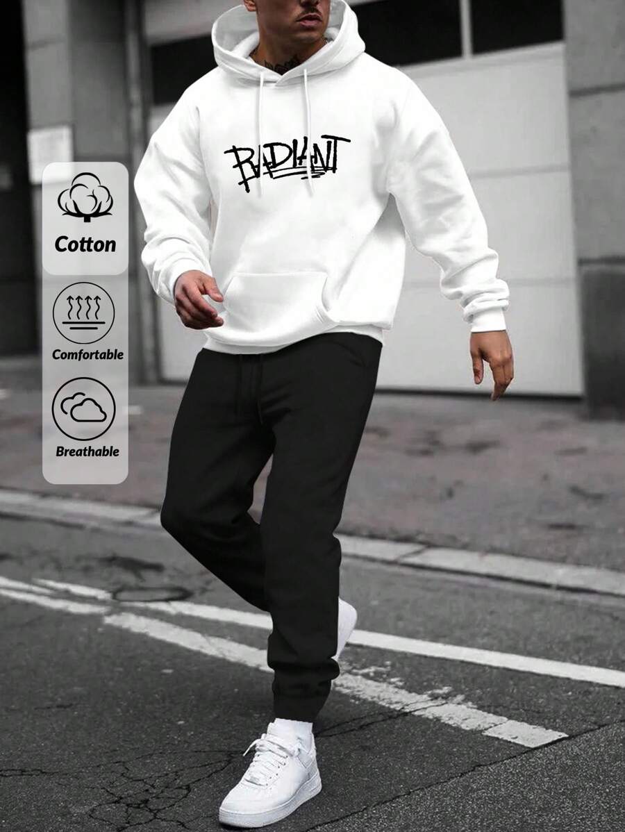EURMUSE Men Letter Printed Regular Hoodie Sweatshirt And Pants Set - Black and White - View 1