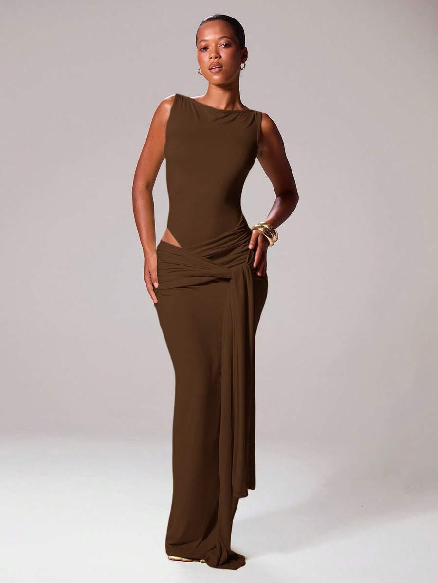 MUSERA 斜领系带垂褶修身无袖长款连衣裙，适合伊比沙岛度假、春夏节日派对、锐舞派对、海滩装扮、浪漫舞会、毕业典礼、优雅生日派对、婚礼宾客、秋季夜晚外出、约会之夜、秋季/夏季服装、假日长裙 - 巧克力棕 - 查看 1