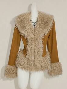 SHEIN ICON Women's Faux Fur & Suede Patchwork Jacket, Western Style, Retro Y2K Sexy, Autumn/Winter