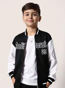 SHEIN Tween Boys' Black Autumn Smart Back-To-School Baseball Collar Jacket,Letter Print Patchwork Contrast Sleeve Loose Open Front Jacket For School,Sports - Black and White - View 8