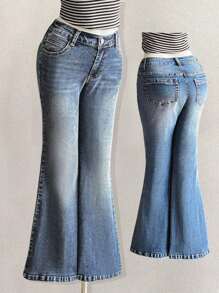 Attitoon 女士简约日常时尚蓝色喇叭裤，秋季，牛仔风，颓废风牛仔裤，低腰牛仔裤，万圣节，颓废风，辣妹风牛仔裤 - 深色水洗藍 - 查看 2