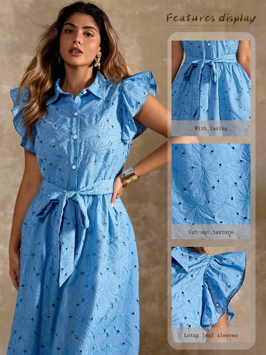 Roveilla 大码女式刺绣领盖袖系带腰喇叭裙，优雅法式高端浪漫连衣裙 - 藍色 - 查看 1