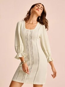 CAJUNI Women's Lace Patchwork Textured Semi-Sheer Boho Puff Sleeve A-Line Mini Dress - Cream - View 1