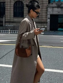 DAZY Women's Loose Retro Herringbone Long Sleeve Double-Breasted Pocket Overcoat, Autumn/Winter - Grey - View 3