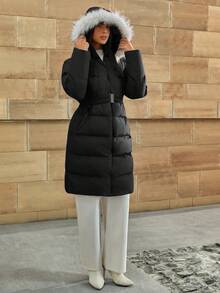 CLARA VERO Women's Solid Faux Fur Hooded Belted Elegant Midi Winter Coat - Black - View 6
