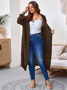 EMERY ROSE Plus Size Women's Fashion Casual Cuffed Sleeve Open Front Long Cardigan,Fall Clothes For Women Winter Autumn - Brown - View 9