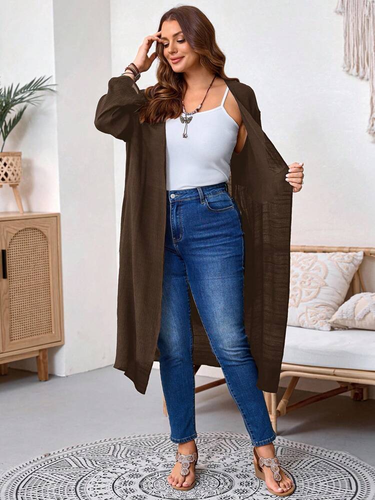 Plus Size Women's Fashion Casual Cuffed Sleeve Open Front Long Cardigan,Fall Clothes For Women Winter Autumn