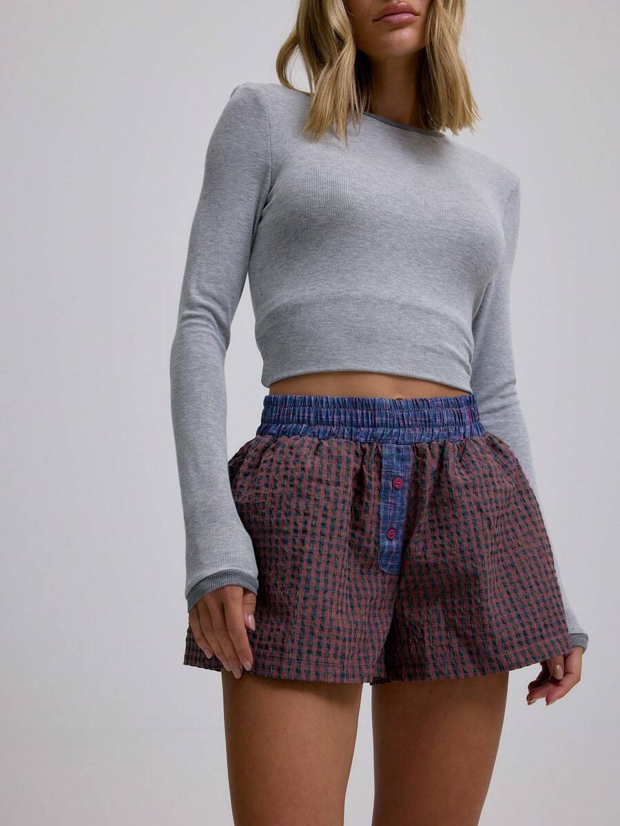 MUSERA Linen Look Check Plaid Mini Button Elasticated Waist Shorts , Summer, Streetwear, Y2k, Cool Girl,City Muse Fall Autumn Winter - Pink - View 1