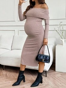SHEIN Gaun Hamil Elegan Warna Pink, Gaun Kasual Musim Gugur Tanpa Bahu dengan Belahan Bergaris Lengan Panjang untuk Acara Baby Shower, Gaun Rajut Ketat Musim Gugur Musim Dingin - Berwarna merah muda - View 3