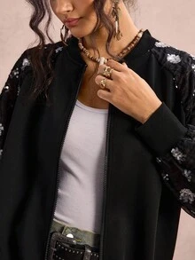 SHEIN LUNE 大码女式花卉亮片插肩袖拉链前开襟飞行员夹克，冬季黑色夹克 - 黑色 - 查看 1