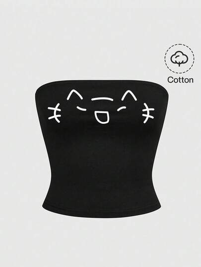 Grunge Punk Cute Emoticon Anime Black Cotton Camisole Top For Women