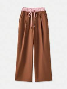 lacRébo Brown Wide-Leg Trousers With Layered Look And Contrast Striped Waistband Going Out Back To School Spring Summer - Brown - View 6