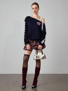 ROMWE Avant Women's Flag Print Contrast Lace Oblique Shoulder Long Sleeve Casual Sweatshirt - Navy Blue - View 6