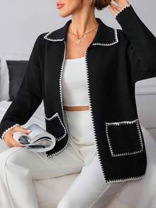 EURMUSE Women's Fashion Contrast Trim Button Cardigans Sweater Black Cardigan Women Black Jacket Women Cardigan With Pockets Contrast Trim Cardigan Jacket For Dress Womens Black Cardigan Black Cardigan Sweater,Petite,Tall - Black - View 3