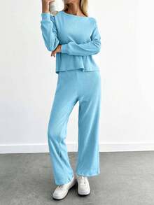 SHEIN Cottnline تي شيرت وبنطال قطني بلون موحد مضلع للنساء، للنساء الصغيرات - أخضر - مشاهدة 4
