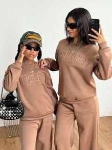 Tween Girl Round Neck Solid Color Dropped Shoulder Loose Letter Embossed Sweatshirt Set