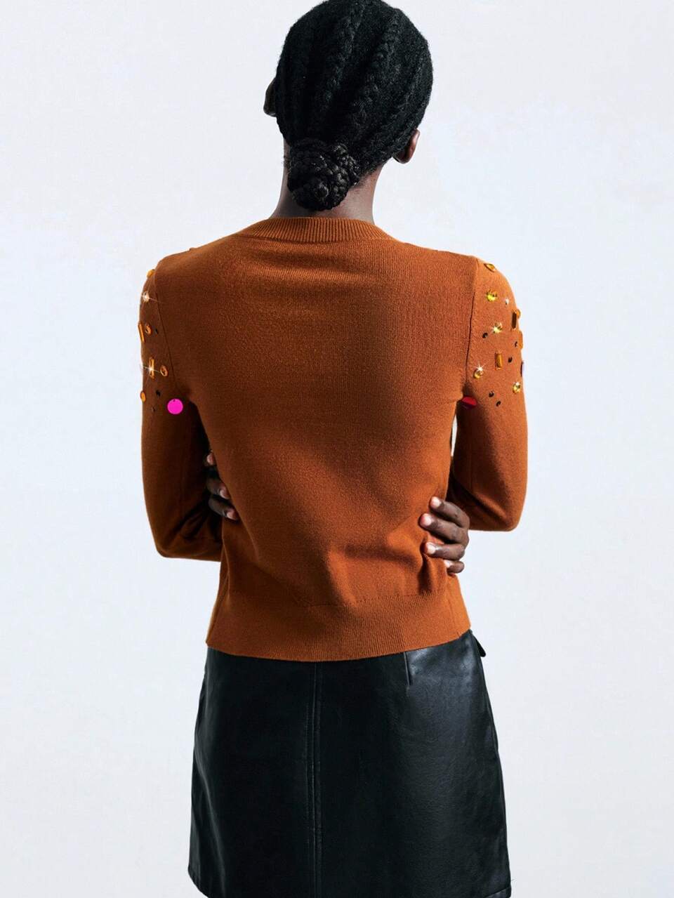 SHEIN Maija 2025 Handmade Sequin Design Women Cardigan Halloween Orange Long Sleeve Halloween Christmas Business Casual Winter Fall Cardigan
