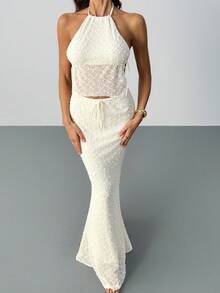 SHEIN Tall Women's Solid Color Backless Halter Top And Mermaid Hem Skirt Bodycon Sexy 2 Pieces Set - Beige - View 6