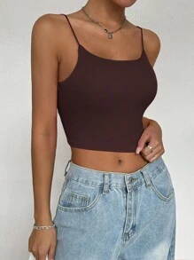 SHEIN PETITE 女款性感抓皺鏤空細肩帶背心，適合夏季，小碼女款 - 棕色 - 查看 3