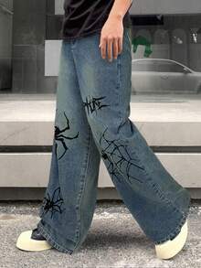 青少年男童蜘蛛网图案宽松深蓝色牛仔裤，蜘蛛网图案牛仔裤，秋冬款 - 藍色 - 查看 3