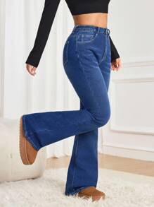 SHEIN PETITE 休闲时尚百搭日常修身喇叭裤女式牛仔裤，娇小款，秋冬季保暖内衬蓝色牛仔裤