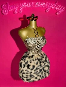 Slaydiva Women's Two Pieces Set,Beige,Autumn,70s,Night Out,Party,Leopard Zebra Print Glossy Knitted Crop Top & Brown Plush Mini Body-Hugging Skirt - Multicolor - View 15