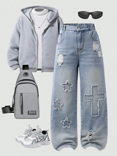 Quần jean ống rộng dáng suông, chất liệu denim mài bạc, kiểu dáng cổ điển, dành cho bé trai tuổi teen, thích hợp cho mùa thu/đông.