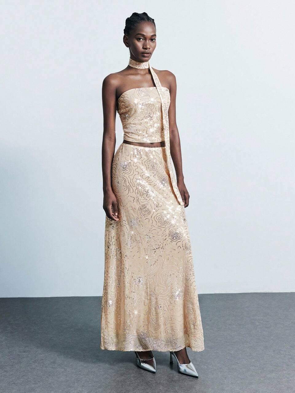 SHEIN Maija 2pcs/Set Women's Elegant Flowy Sequin Beaded Bandeau Tie Strap Dress,Cream Summer Dining Champagne Gold Two Piece Skirt Set,Wedding Guest Party Dress