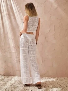 SHEIN Cottnline Cut Out Knitted Top And Pants Set, Perfect For Summer Beach Vacation And Casual - Apricot - View 2