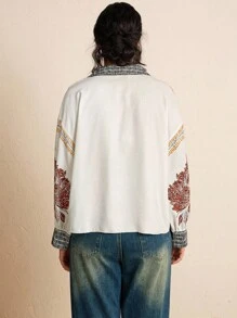 SHEIN LUNE 大码女式秋季花卉印花长袖单排扣下摆系带波西米亚风衬衫 - 杏色 - 查看 3