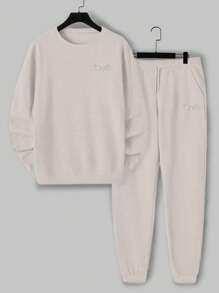 EURMUSE Men's Casual English Print Sweatshirt Set - Krem - View 5