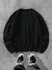 Manfinity EMRG 男士纯色圆领长袖做旧休闲宽松针织衫，秋冬款